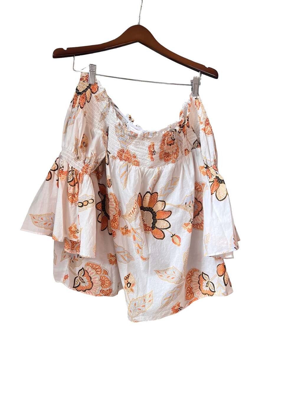 Lauren Conrad Off-The-Shoulder Smocked Floral Bell Sleeve Top XL - Picture 2 of 3